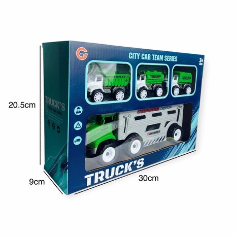 Toy Truck with work vehicles 4-piece set green