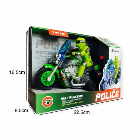 Police motorcycle Toy  - with siren and light - friction drive Green