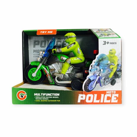 Police motorcycle Toy  - with siren and light - friction drive Green