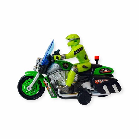 Police motorcycle Toy  - with siren and light - friction drive Green