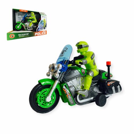 Police motorcycle Toy  - with siren and light - friction drive Green