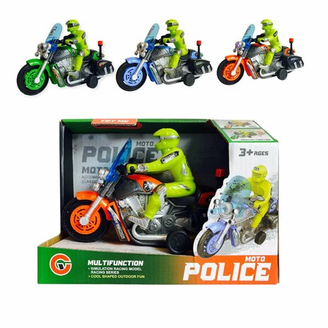 Police motorcycle Toy  - with siren and light - friction drive Green