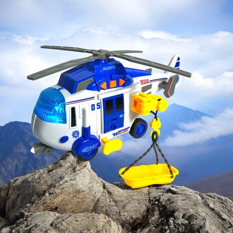 Toy helicopter - Rescue helicopter - with retractable propeller, light, sound and accessories