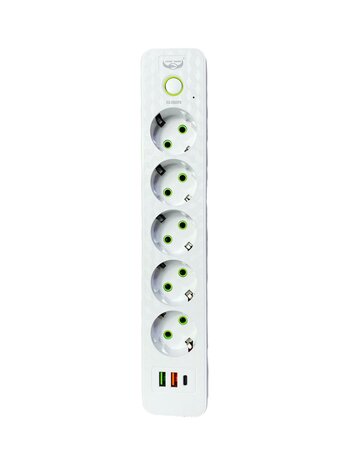 Stekkerdoos met 5 Stopcontacten, 2 USB-poorten + 1 USB-C - 2500W &ndash; 3 Meter &ndash; Wit &ndash; Lucky Hawk