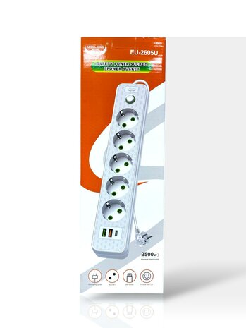 Stekkerdoos met 5 Stopcontacten, 2 USB-poorten + 1 USB-C - 2500W &ndash; 3 Meter &ndash; Wit &ndash; Lucky Hawk