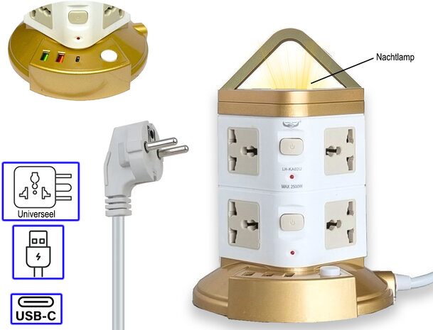Stekkerdoos met USB-C - Met Schakelaar - 8 Stopcontacten - 3 USB Poorten + LED nachtlampje- Snellader - 1.9M Universeel 
