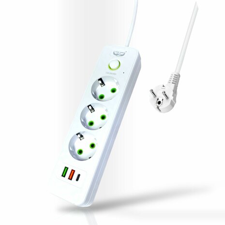 Stekkerdoos met 3 Stopcontacten, 2 USB-poorten + 1 USB-C - 2500W &ndash; 2 Meter &ndash; Wit &ndash; Lucky Hawk