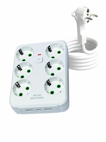 Stekkerdoos met 6 Stopcontacten, 2 USB-poorten + 1 USB-C - 2500W &ndash;2 Meter &ndash; Wit &ndash; Lucky Hawk