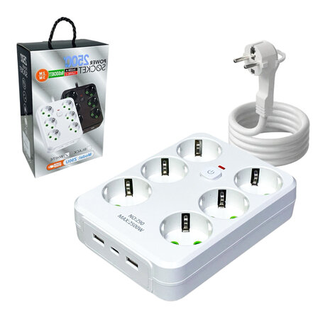 Stekkerdoos met 6 Stopcontacten, 2 USB-poorten + 1 USB-C - 2500W &ndash;2 Meter &ndash; Wit &ndash; Lucky Hawk