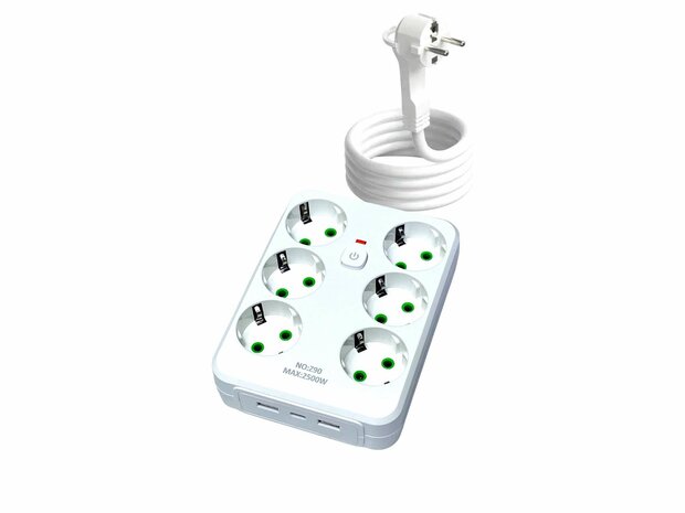 Stekkerdoos met 6 Stopcontacten, 2 USB-poorten + 1 USB-C - 2500W &ndash;2 Meter &ndash; Wit &ndash; Lucky Hawk