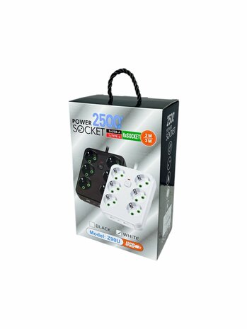 Stekkerdoos met 6 Stopcontacten, 2 USB-poorten + 1 USB-C - 2500W - 2 Meter - zwart -Lucky Hawk