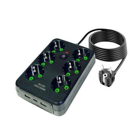 Stekkerdoos met 6 Stopcontacten, 2 USB-poorten + 1 USB-C - 2500W - 2 Meter - zwart -Lucky Hawk
