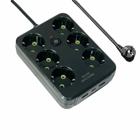 Stekkerdoos met 6 Stopcontacten, 2 USB-poorten + 1 USB-C - 2500W - 2 Meter - zwart -Lucky Hawk