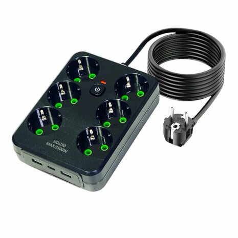 Stekkerdoos met 6 Stopcontacten, 2 USB-poorten + 1 USB-C - 2500W - 2 Meter - zwart -Lucky Hawk