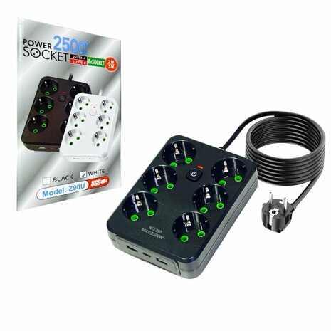 Stekkerdoos met 6 Stopcontacten, 2 USB-poorten + 1 USB-C - 2500W - 2 Meter - zwart -Lucky Hawk
