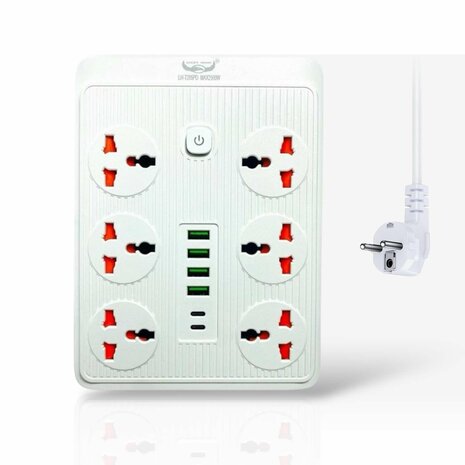 Premium Stekkerdoos met 6 Stekkers en 6 USB ingangen + 2 USB-C 20W Snellader 185 cm Kabel 
