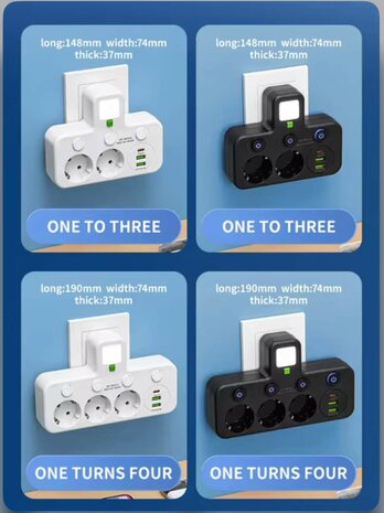 Europese stekkerdoos, 3 stopcontacten zonder verlengkabel met 2 USB 1 Type-C-poorten
