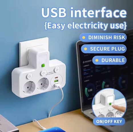 Europese stekkerdoos, 3 stopcontacten zonder verlengkabel met 2 USB 1 Type-C-poorten