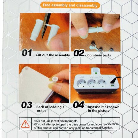 Europese stekkerdoos, 3 stopcontacten zonder verlengkabel met 2 USB 1 Type-C-poorten
