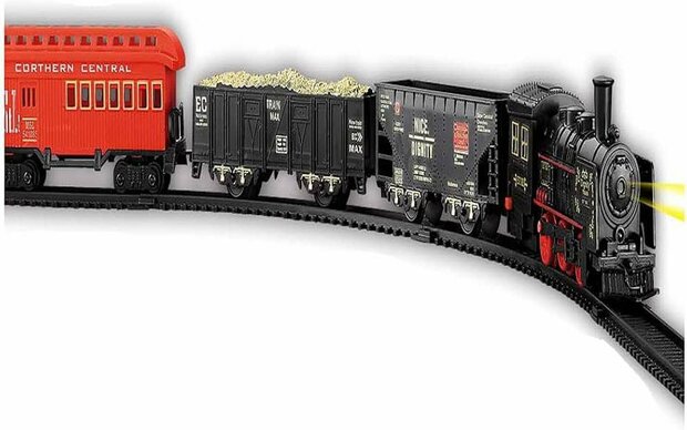 Electric Train - Classic Steam Locomotive - With Wagons, Track and LED Light - Railway Carriage - 18 Parts