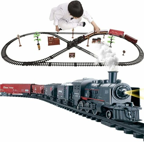 Elektrische trein - Klassieke Stoomlocomotief - 103X78 cm - Met Wagons, Spoor en LED licht - Spoorwegwagen - 17 dele