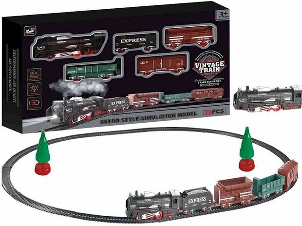 Elektrische trein - Klassieke - Met wagons, rails en ledverlichting - Spoorrijtuig - 19 onderdelen vintage trein