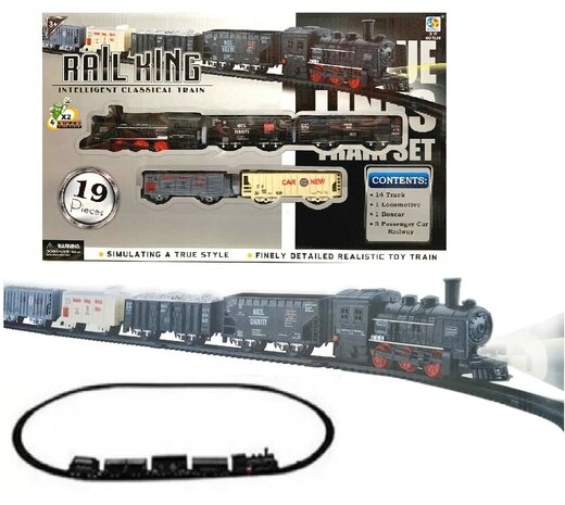 Electric Train - Classic Steam Locomotive - With Wagons, Track and LED Light - Railway Carriage - 19 Parts