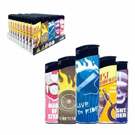 Aanstekers - klik - Navulbare Fix Flame  - 50 stuks per tray Unilite Rock-&#039;n-roll Print