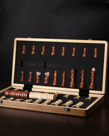 Luxury Magnetic Chess and Checkers Board - 39cm Foldable 2-in-1 Wooden Chess Set