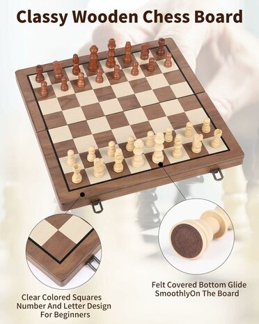 Luxury Magnetic Chess and Checkers Board - 39cm Foldable 2-in-1 Wooden Chess Set