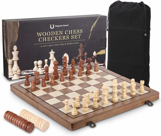 Luxury Magnetic Chess and Checkers Board - 39cm Foldable 2-in-1 Wooden Chess Set