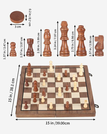 Luxury Magnetic Chess and Checkers Board - 39cm Foldable 2-in-1 Wooden Chess Set