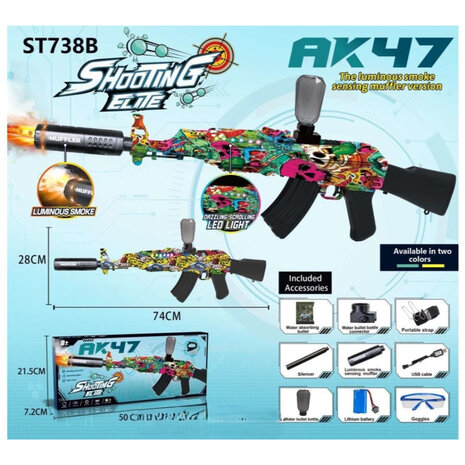 Shooting Elite Gelblaster - Luminous Silencer - AK47 Led Light - compleet set  - Oplaadbaar - 74CM