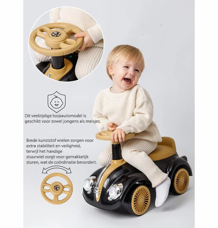 Classic Luxury Retro Car - Loopauto 55CM - Zwart - muziek &amp; lichtjes