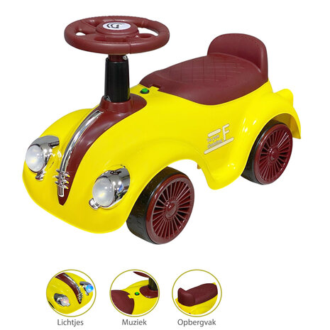 Classic Luxury Retro Car - Loopauto 55CM - Geel - muziek &amp; lichtjes
