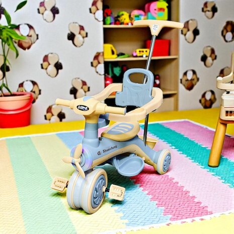 Kinder driewieler met duwstang - Muziek en Licht -Blauw&amp;Bruin