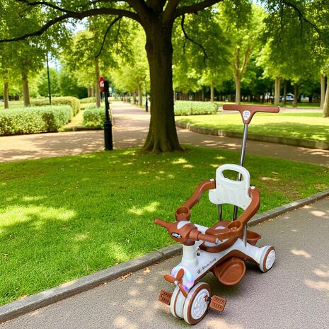 Kinder driewieler met duwstang - Muziek en Licht - Wit&amp;Bruin