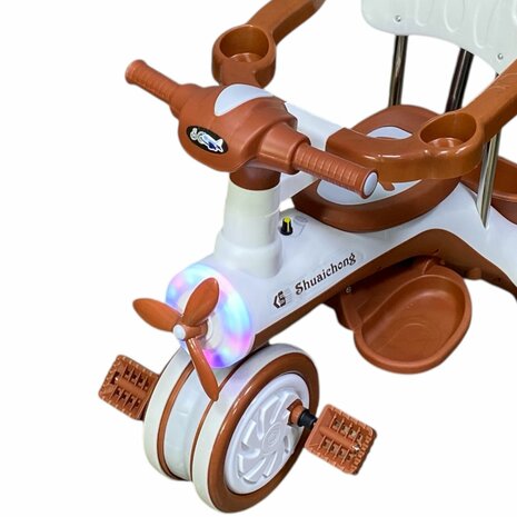 Kinder driewieler met duwstang - Muziek en Licht - Wit&amp;Bruin