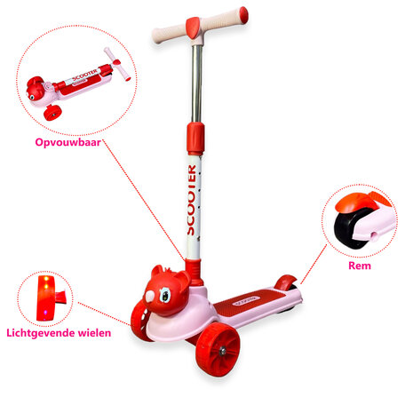 Koala Roze Kinderstep met 3 wielen - opvouwbaar - Kantelstep - Met Licht &amp; Muziek