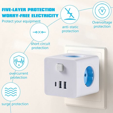 Cube Socket 7-in-1 Stekkerdoos - 4 stopcontacten met 2 USB 1 Type-C poorten