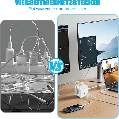 Cube Socket 7-in-1 Stekkerdoos - 4 stopcontacten met 2 USB 1 Type-C poorten
