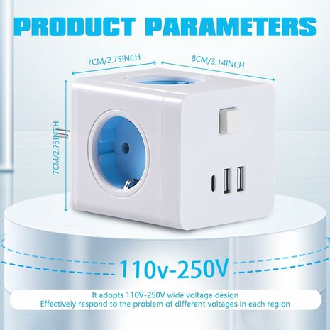 Cube Socket 7-in-1 Stekkerdoos - 4 stopcontacten met 2 USB 1 Type-C poorten