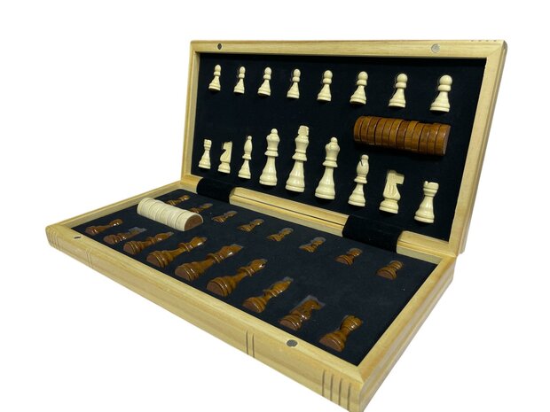 Wooden Chess Checkers Set - Luxury Magnetic 2-in-1 Chess and Checkers Board - Oak Wood - Folding Chessboard