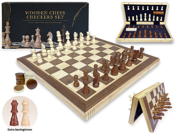 Wooden Chess Checkers Set - Luxury Magnetic 2-in-1 Chess and Checkers Board - Oak Wood - Folding Chessboard