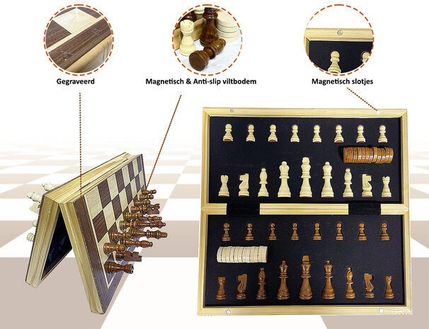 Wooden Chess Checkers Set - Luxury Magnetic 2-in-1 Chess and Checkers Board - Oak Wood - Folding Chessboard