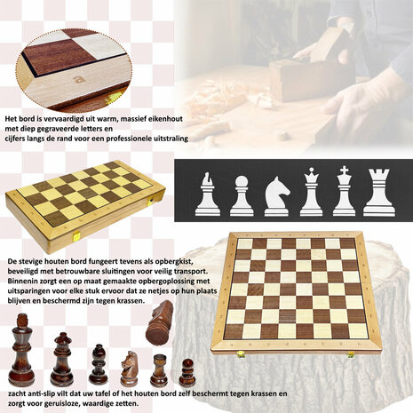 2-in-1 Chess &amp; Checkers Set - 43x43 cm - Foldable Wooden Chessboard - CHESS
