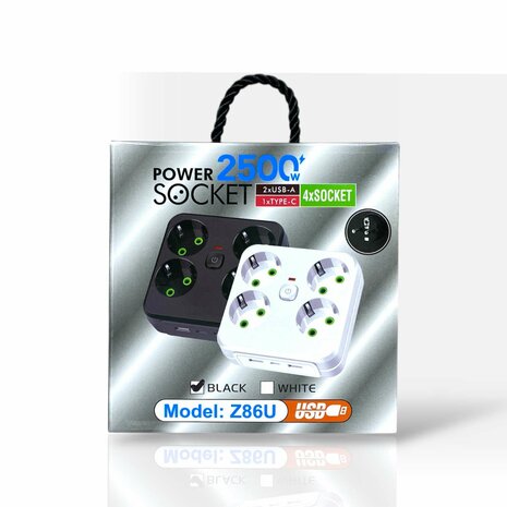 Lucky Hawk EU-stekkerdoos met 4 stopcontacten en USB-oplaadpoorten - 2 USB en 1 USB C