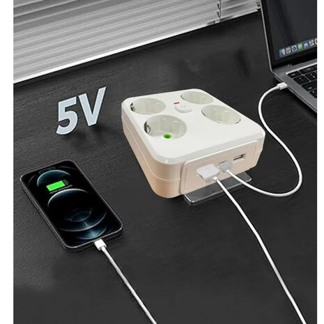 Lucky Hawk EU-stekkerdoos met 4 stopcontacten en USB-oplaadpoorten - 2 USB en 1 USB C