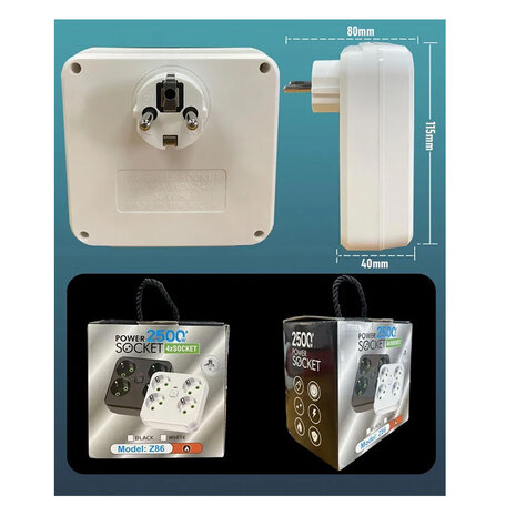 Lucky Hawk EU-stekkerdoos met 4 stopcontacten en USB-oplaadpoorten - 2 USB en 1 USB C