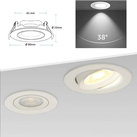 LED Inbouwspot 5W 6500k - wit - verstelbaar spot &oslash;68-75mm